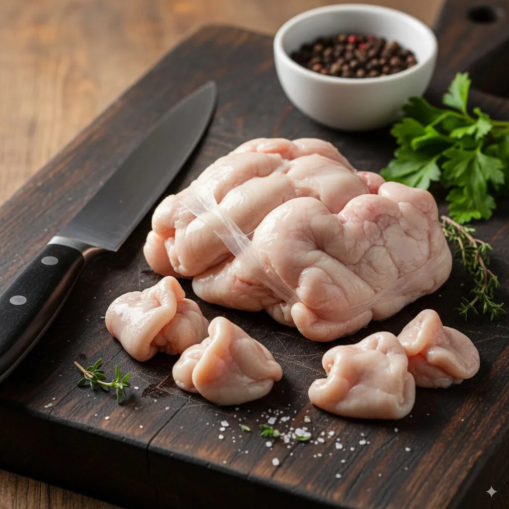 Ris de veau cru sur une planche avec assaisonnement