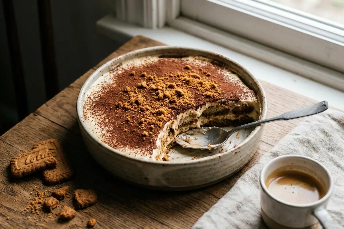 Tiramisu au speculoos, sur une table. Servi en dessert.