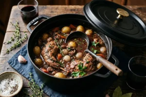 Civet de lapin dans une cocotte en fonte