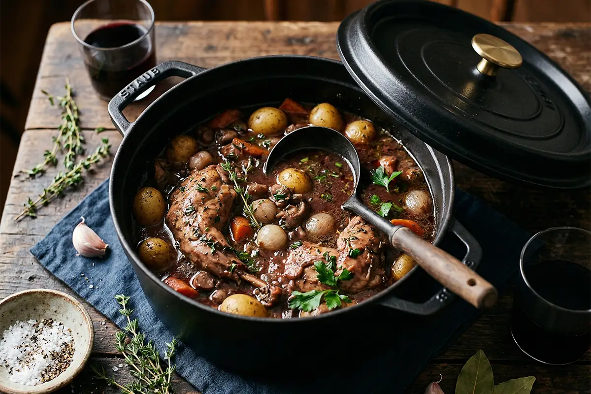 Civet de lapin dans une cocotte en fonte
