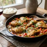 Poulet Basquaise dans une sauteuse posée sur la table