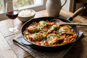 Poulet Basquaise dans une sauteuse posée sur la table