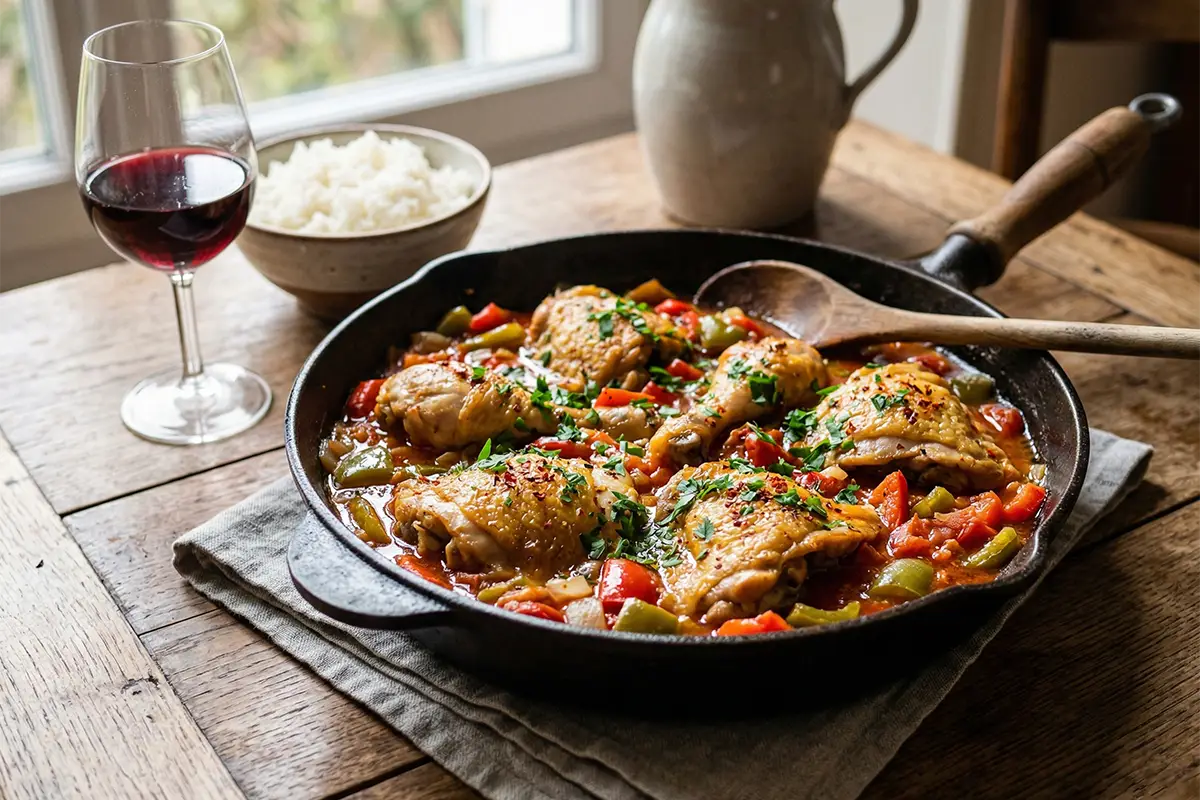 Poulet Basquaise dans une sauteuse posée sur la table