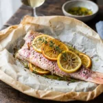 Rouget aux agrumes en papillote avec un verre de vin