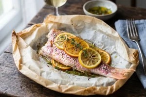 Rouget aux agrumes en papillote avec un verre de vin