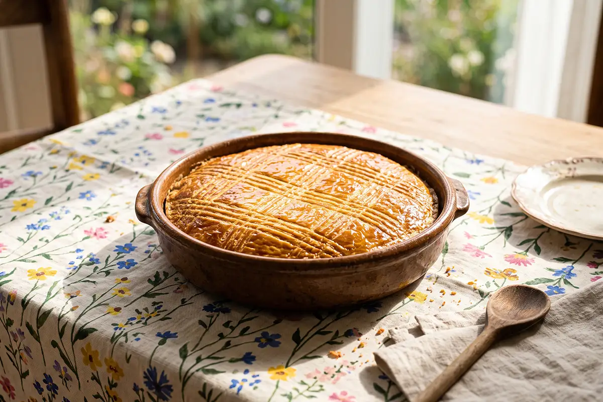 Gâteau basque dans son plat sur une table dans la cuisine