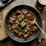 Carbonade flamande dans un assiette avec une bière brune et du pain