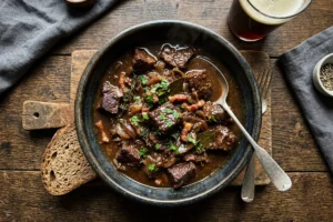 Carbonade flamande dans un assiette avec une bière brune et du pain